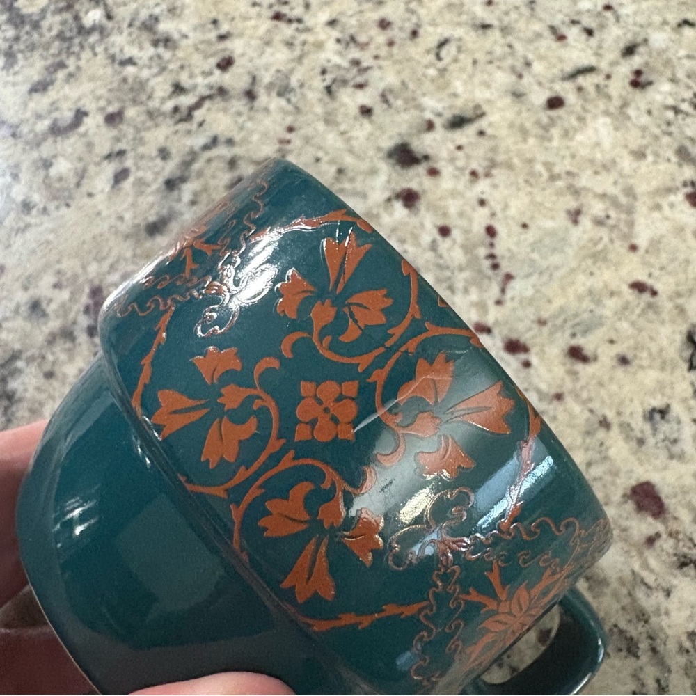 World Market Set of 6 coffee cups with metal holder **1 glued back* Holder Rustd - Picture 15 of 16